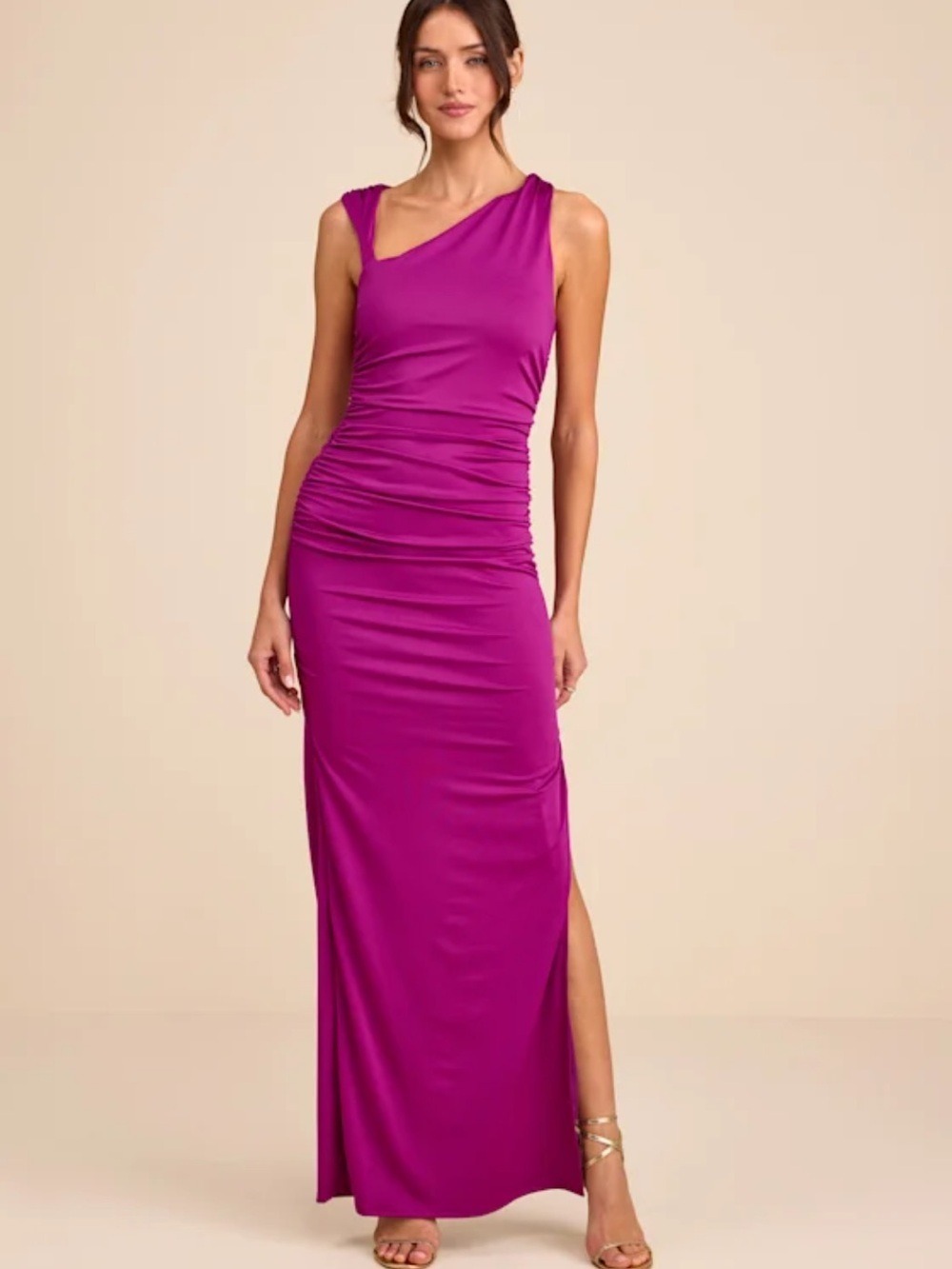 NWT Lulus Enticing Darling Magenta
Asymmetrical Ruched Maxi Dress